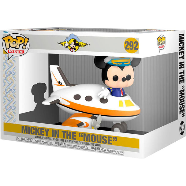 Figurine Funko POP Mickey Rider Disney montrant Mickey Mouse en pilote avec son avion coloré sur fond blanc
