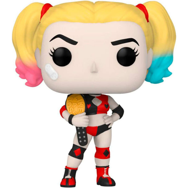 Vue rapprochée de la figurine Harley Quinn Funko POP avec détails colorés et boîte cadeau