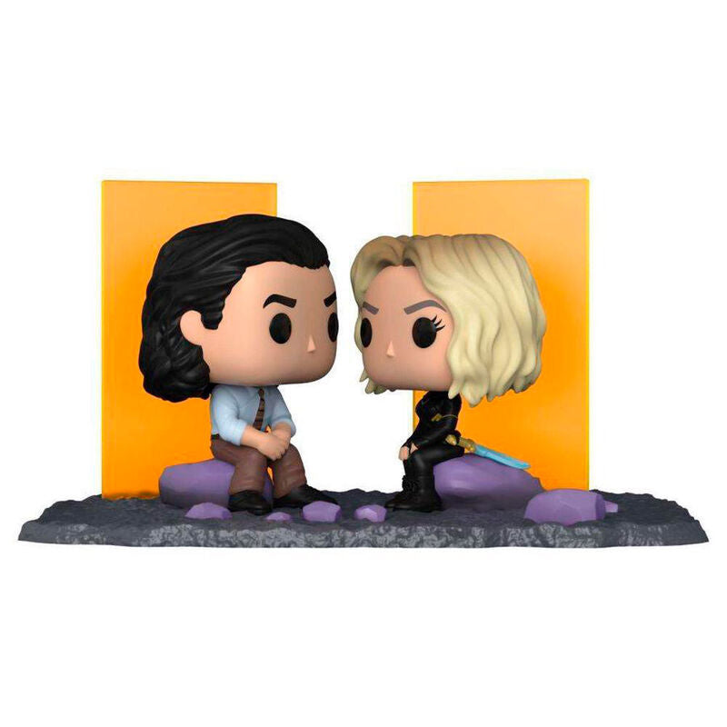 Vue rapprochée de la figurine POP Loki et Sylvie, détails soignés et couleurs vives sur support d'exposition.