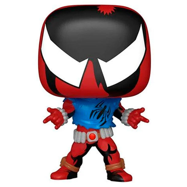 Vue rapprochée de la figurine Funko POP Spiderman Scarlet Spider avec ses détails colorés et son emballage