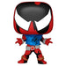Vue rapprochée de la figurine Funko POP Spiderman Scarlet Spider avec ses détails colorés et son emballage