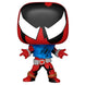 Vue rapprochée de la figurine Funko POP Spiderman Scarlet Spider avec ses détails colorés et son emballage
