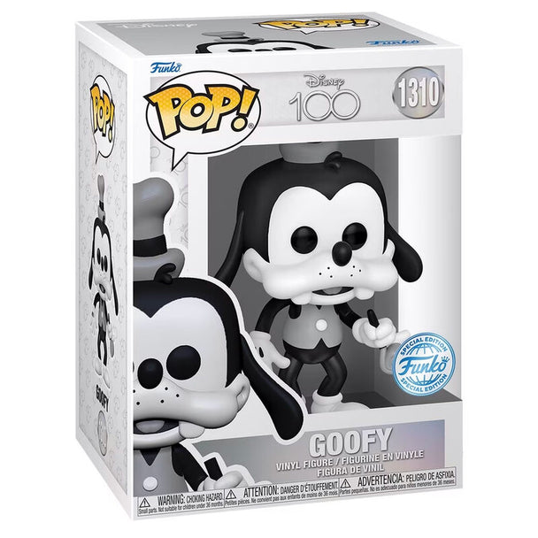 Boîte vitrine de la figurine Funko POP Goofy exclusive 100e anniversaire Disney avec logo Funko et design coloré