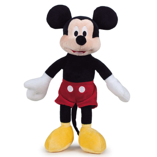 Peluche Disney Mickey Mouse 40 cm en position assise montrant son tissu moelleux et ses couleurs vives