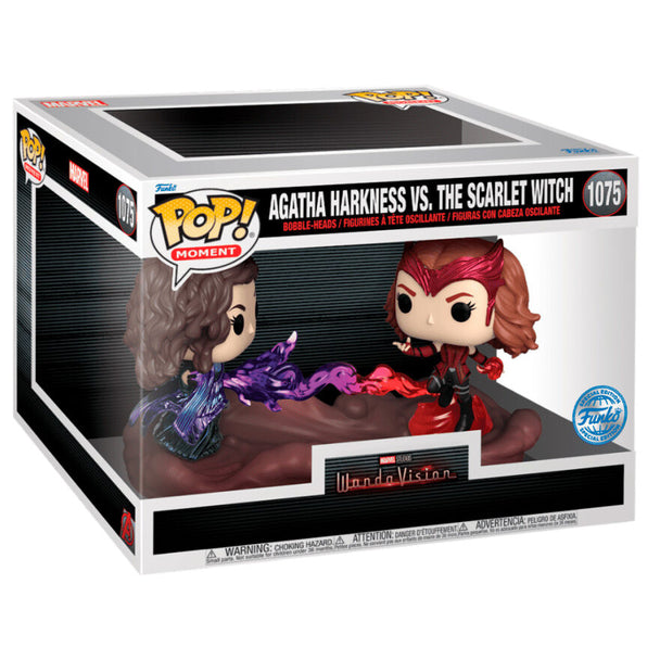 Figurine POP exclusive FUNKO Marvel montrant Agatha Harkness et Scarlet Witch dans un duel inspiré de la série WandaVision.