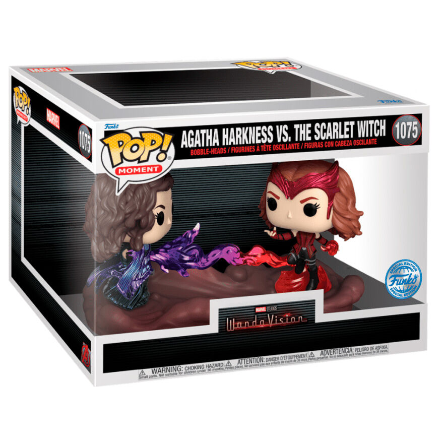 Figurine POP exclusive FUNKO Marvel montrant Agatha Harkness et Scarlet Witch dans un duel inspiré de la série WandaVision.