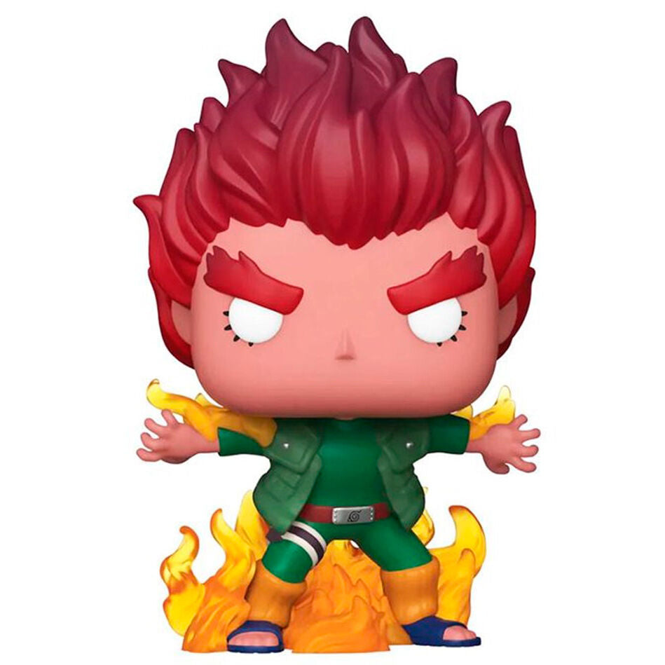 Figurine POP de Might Guy de Naruto Shippuden avec sa tenue verte emblématique et un sourire confiant, vue de face.