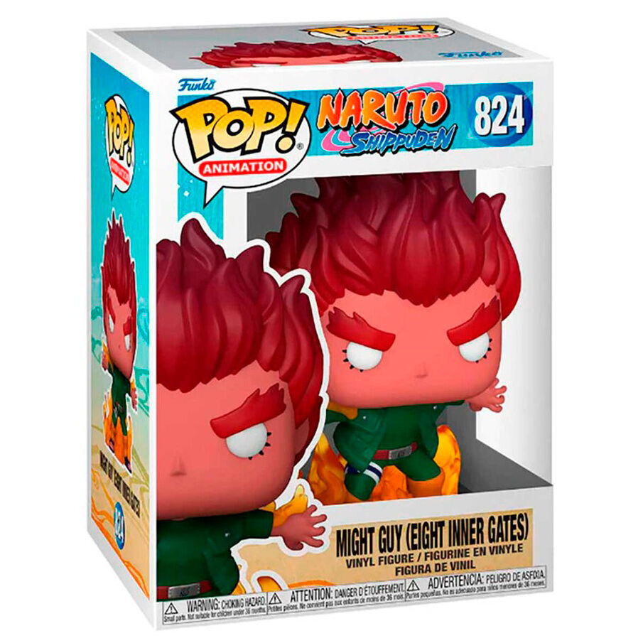 Vue latérale de la figurine FUNKO POP de Might Guy montrant les détails précis de sa coiffure et de sa posture dynamique.