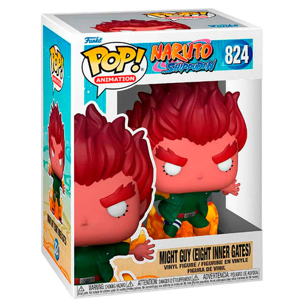 Vue latérale de la figurine FUNKO POP de Might Guy montrant les détails précis de sa coiffure et de sa posture dynamique.