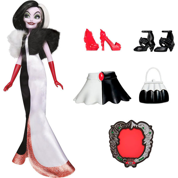 Poupée Cruella de Vil Disney Villains de 28 cm avec tenue noire et blanche, vue de face