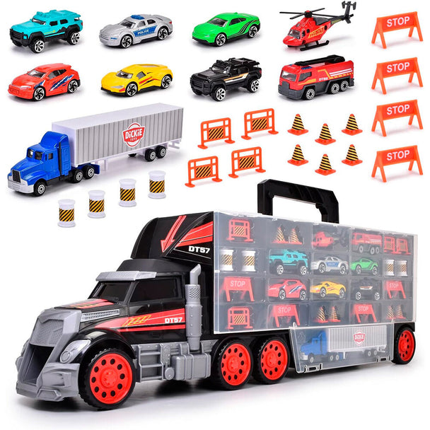 Vue d'ensemble du coffret camion DICKIE TOYS avec 42 pièces de voitures en métal colorées