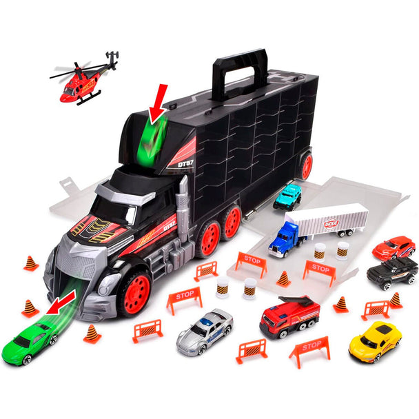 Gros plan sur les voitures en métal solides incluses dans le coffret camion pour enfants