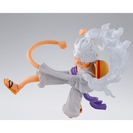 Vue latérale de la figurine articulée Monkey D Luffy Gear 5 montrant les accessoires inclus