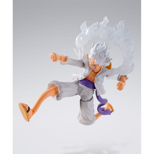 Image de la figurine Monkey D Luffy Gear 5 en pose d'action avec bras articulés visibles