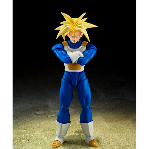 Vue latérale gauche de la figurine Trunks Super Saiyan montrant les articulations mobiles
