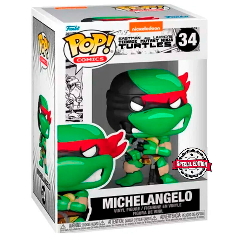 Vue de face de la figurine Michelangelo Funko POP avec sa boîte transparente et design coloré