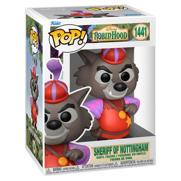 Figurine Funko POP Disney Robin Hood Sheriff of Nottingham en vinyle, vue de face dans sa boîte vitrine de 9 cm