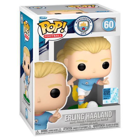 Figurine Funko POP Erling Haaland en tenue Manchester City avec ballon de football sur fond blanc
