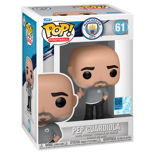 Figurine Funko POP de Pep Guardiola en tenue Manchester City, vue de face dans sa boîte cadeau officielle.