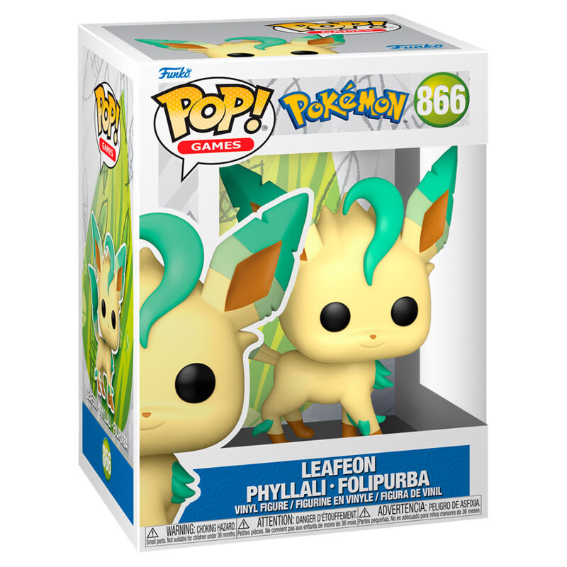 Figurine Funko POP Leafeon de Pokémon mesurant 9 cm dans sa boîte vitrine transparente, vue de face