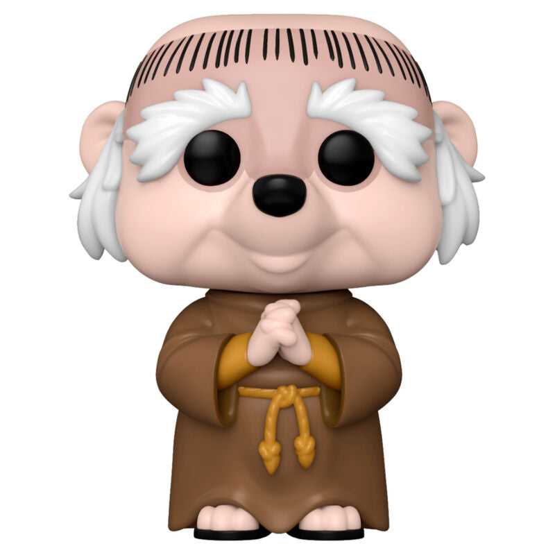 Vue rapprochée de la figurine Funko POP Frère Tuck avec détails colorés et boîte collector de Disney Robin Hood