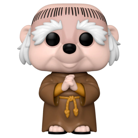 Vue rapprochée de la figurine Funko POP Frère Tuck avec détails colorés et boîte collector de Disney Robin Hood