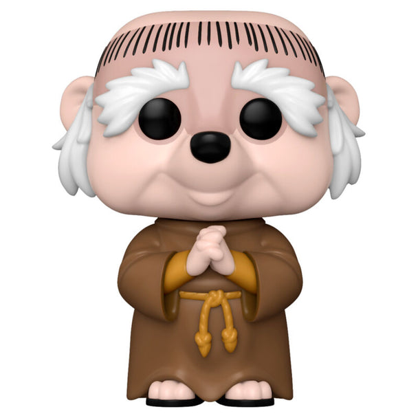 Vue rapprochée de la figurine Funko POP Frère Tuck avec détails colorés et boîte collector de Disney Robin Hood