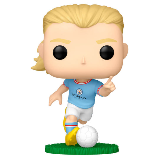 Boîte cadeau officielle de la figurine Funko POP Erling Haaland Manchester City avec logo et design coloré