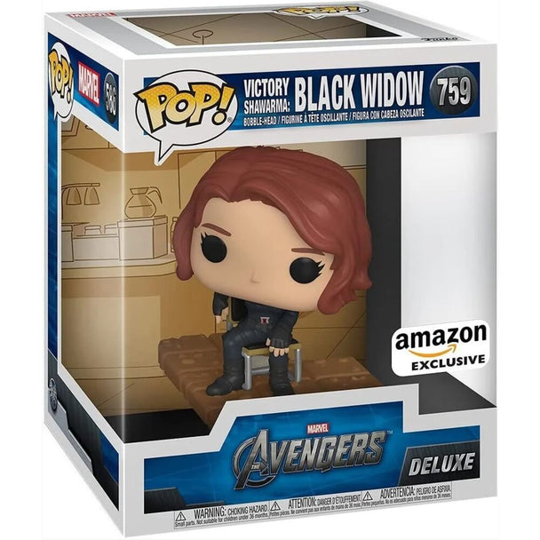 Vue rapprochée de la figurine exclusive Funko POP Black Widow Marvel Avengers, montrant les détails précis du vinyle.