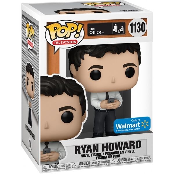 Vue rapprochée de la figurine Funko POP Ryan Howard, personnage de The Office, en vinyle de 9 cm dans sa boîte d'exposition
