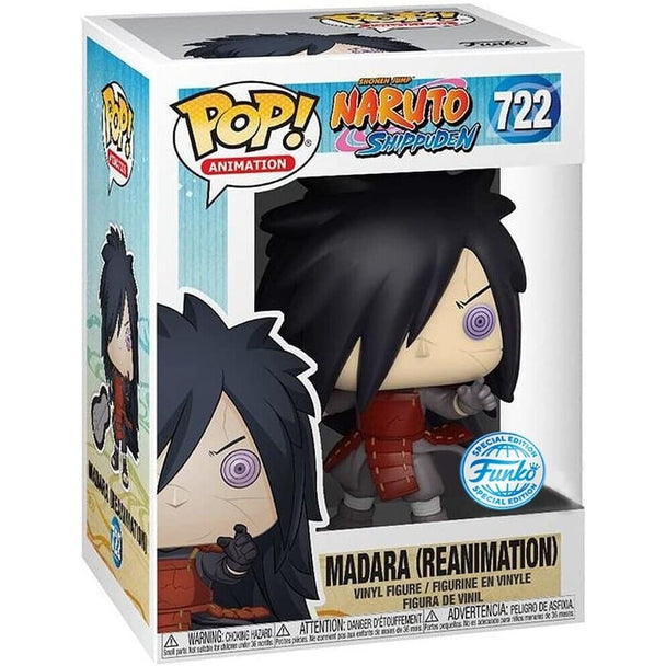 Vue rapprochée de la figurine Funko POP Madara Uchiha avec détails précis du visage et costume, édition exclusive.