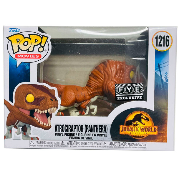 Détail de la figurine Atrociraptor Panthera Funko POP Jurassic World 3 exclusive montrant les couleurs et textures réalistes
