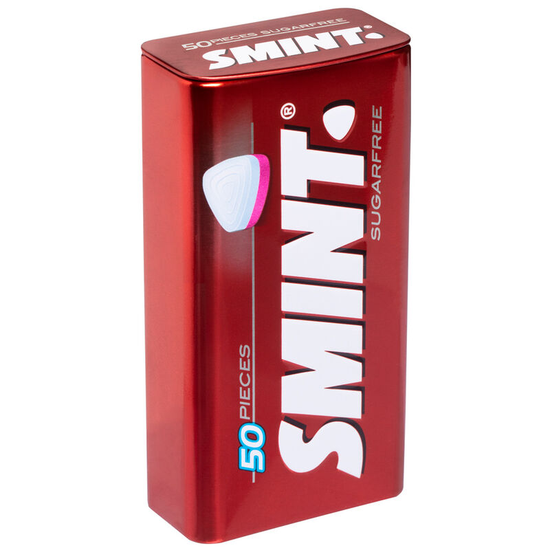 Boîte métallique de pastilles Smint fraise sans sucre de la marque CHUPA CHUPS, vue de face