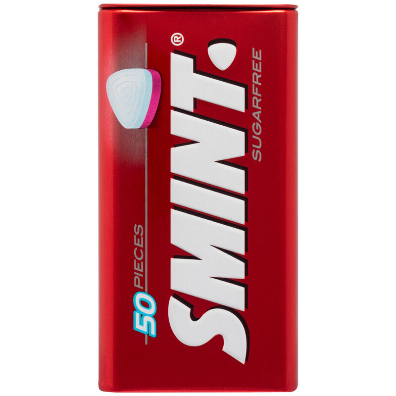 Packaging Smint fraise avec mention sans sucre et sans gluten visible sur la boîte rouge