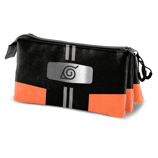 Trousse Naruto KARACTERMANIA triple compartiments en matériau Ripstop déperlant, vue de face avec fermetures éclair visibles.
