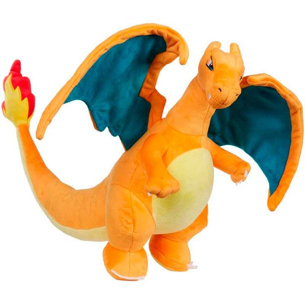 Peluche Dracaufeu Pokémon de 29 cm en position debout avec détails précis et couleurs vives, fabriquée par JAZWARES.