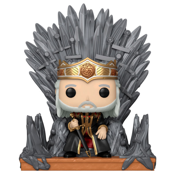 Figurine POP Deluxe de Viserys assis sur le Trône de Fer, édition House of the Dragon par FUNKO, vue de face avec détails précis.