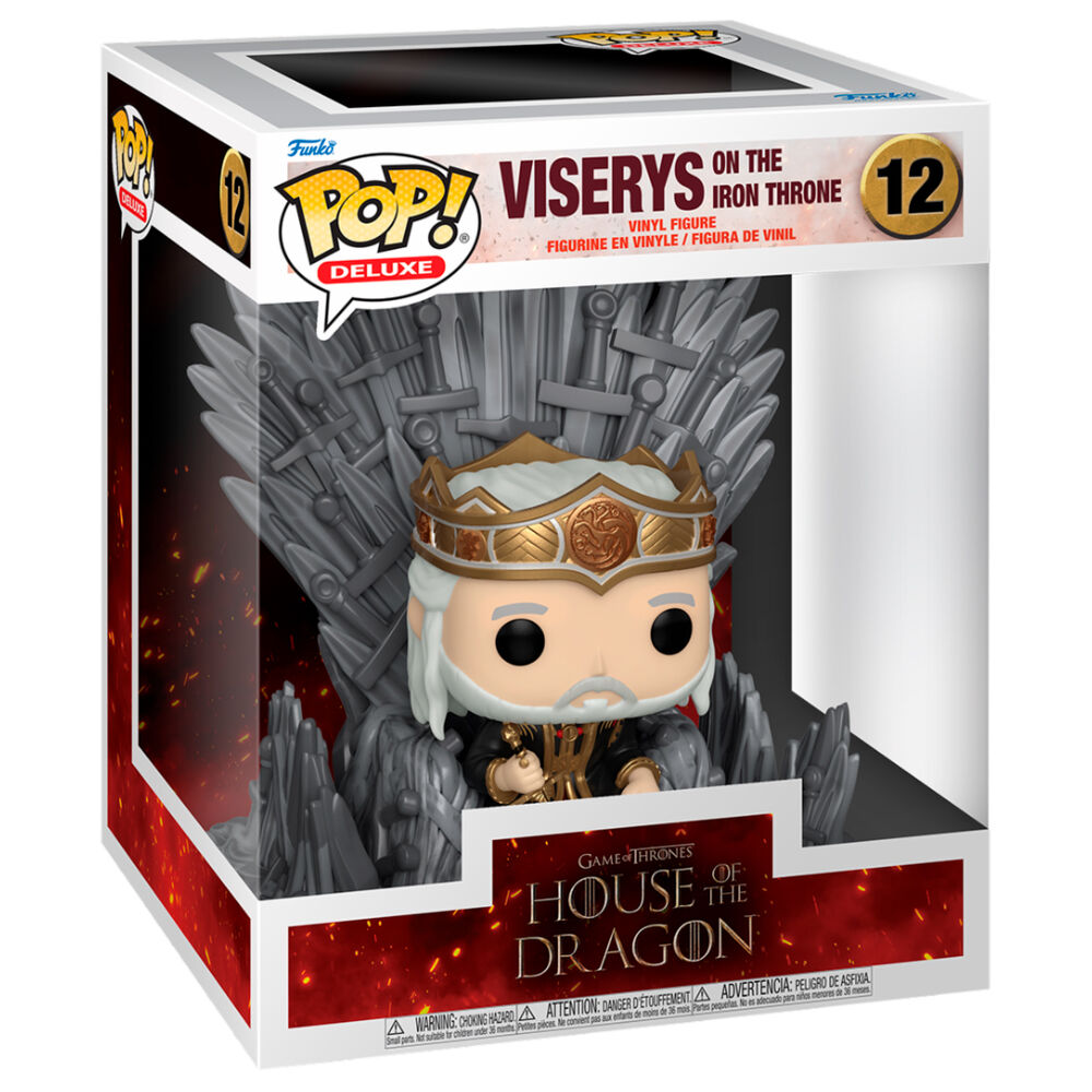 Vue latérale de la figurine POP Deluxe Viserys sur le Trône de Fer, mettant en avant les couleurs et finitions soignées.
