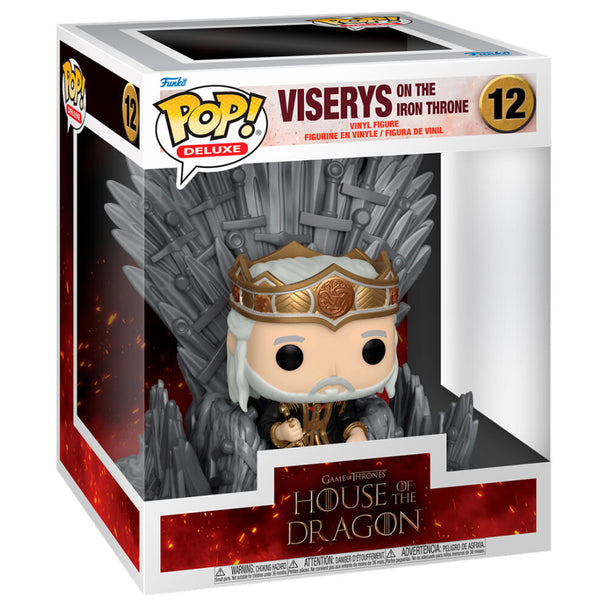 Vue latérale de la figurine POP Deluxe Viserys sur le Trône de Fer, mettant en avant les couleurs et finitions soignées.