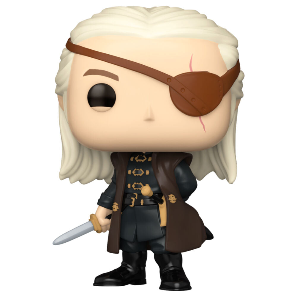 Vue rapprochée de la figurine Funko POP Aemond Targaryen montrant les couleurs et le design fidèle au personnage de House of the Dragon.