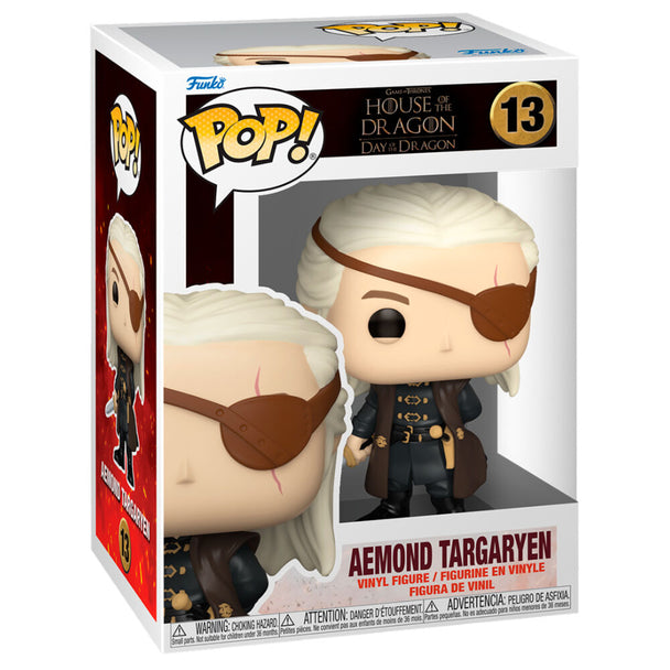 Figurine Funko POP Aemond Targaryen en vinyle de 9cm avec détails soignés, présentée dans sa boîte vitrine officielle House of the Dragon.