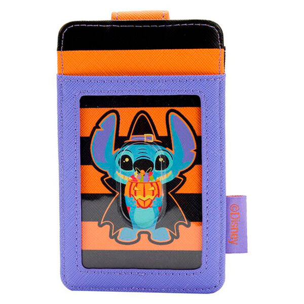 Détail du porte-cartes Stitch avec motifs Halloween sur fond noir