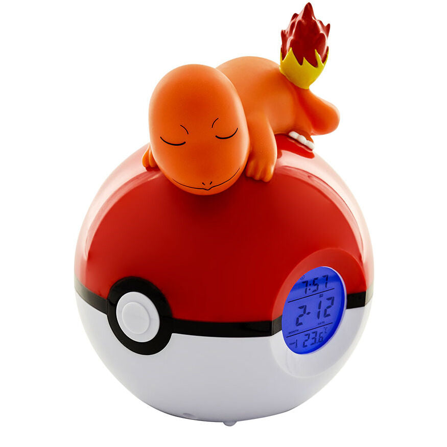 Réveil lampe Pokéball Salamèche TEKNOFUN allumé avec affichage digital de l'heure et de la température