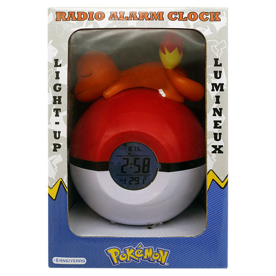 Réveil lampe Pokémon Salamèche avec radio FM intégrée affichant les boutons de contrôle