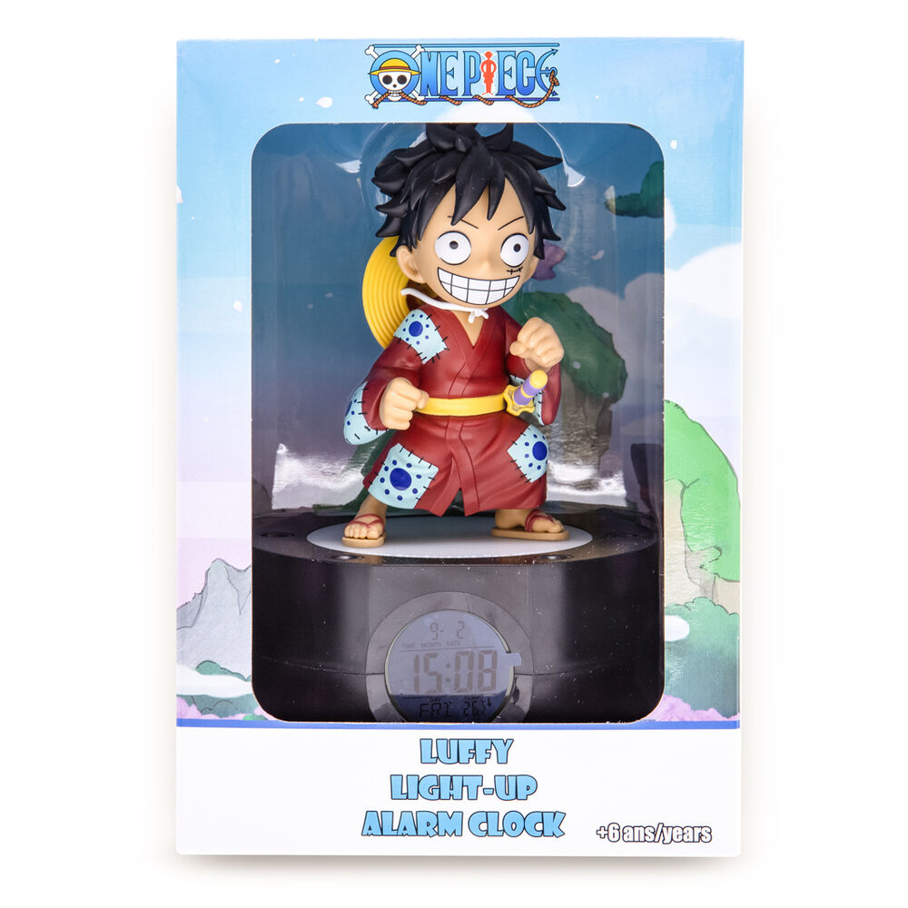 Image du réveil Luffy avec alarme programmée, montrant clairement le bouton ON/OFF pour activer ou désactiver