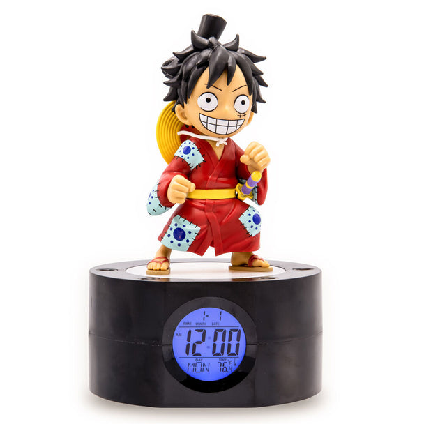 Vue de profil du réveil Luffy TEKNOFUN affichant la température ambiante sur son écran digital lumineux