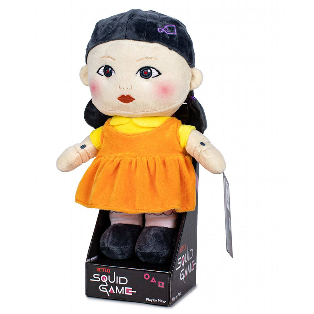 Peluche officielle de la poupée Squid Game de 28cm dans son étui d'exposition transparent NETFLIX.