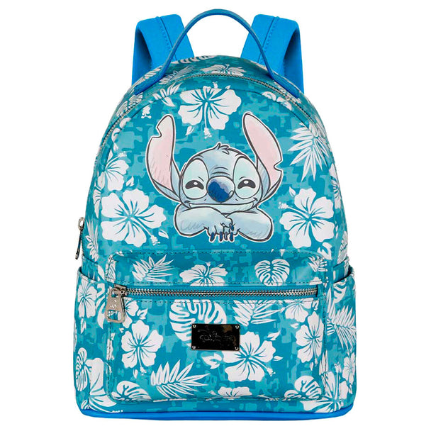 Détail du sac à dos Stitch Aloha montrant les bandoulières ajustables et la texture résistante