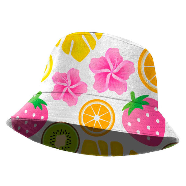 Chapeau style pêcheur pour enfant de 8 ans avec motif fruit coloré, marque KARACTERMANIA, dimensions 15x25x25 cm.