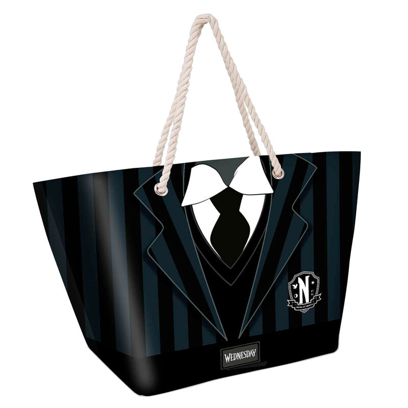 Sac de plage Wednesday Uniform de KARACTERMANIA avec fermeture éclair et anses confortables, dimensions 37x52x17cm.